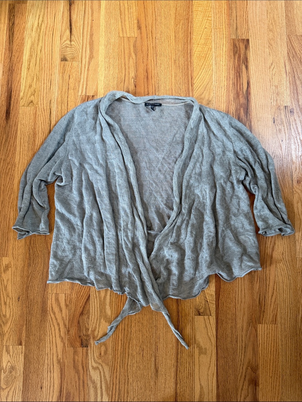Eileen Fisher light weight Tie-Front Open Cardigan in Heather Gray linen blend L
